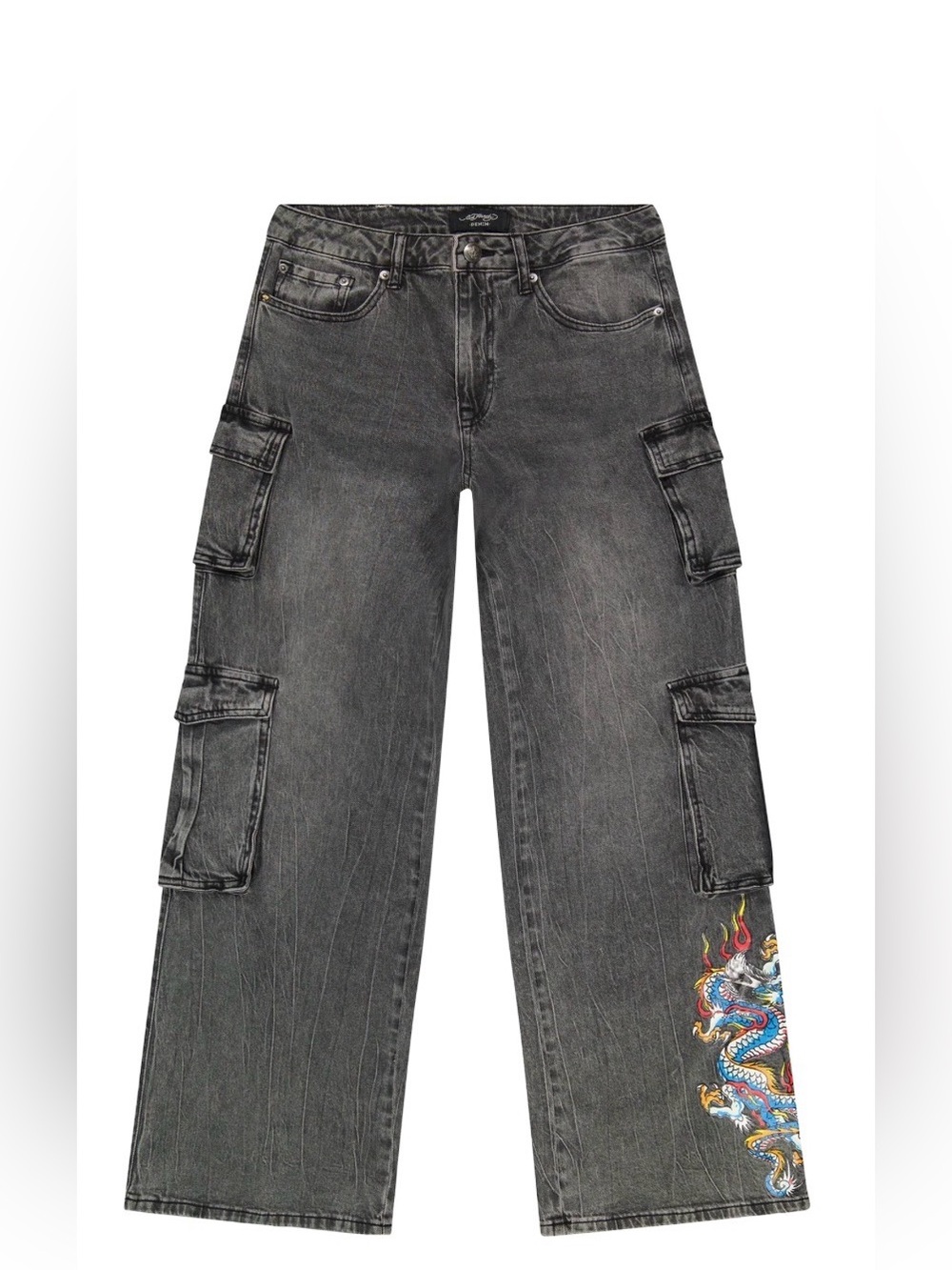 Ed Hardy Washed Black Wide Leg Cargo Flare Jeans with Embroidered Hem